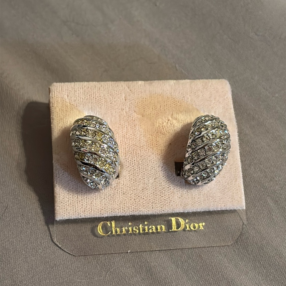 Vintage Christian Dior Rhinestone Diagonal Ribbed Half Hoop Clip On Earrings 80s